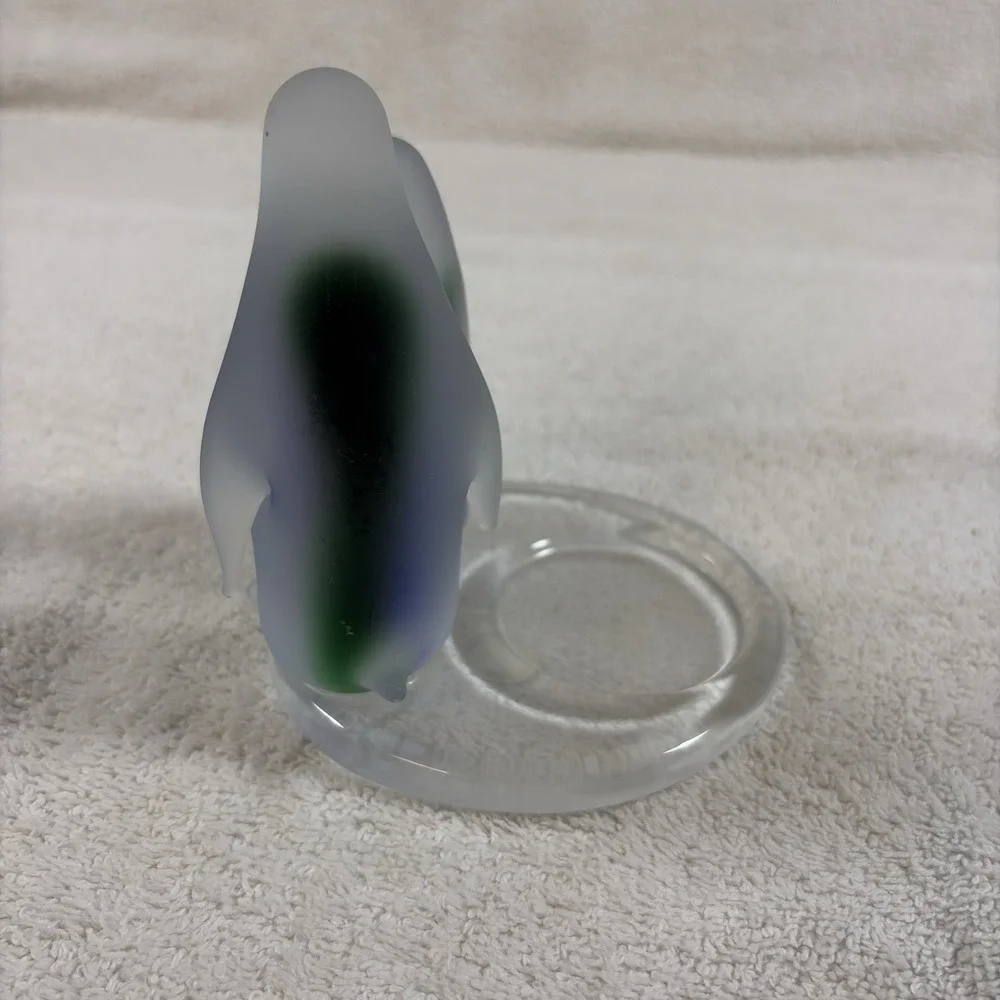 PartyLite Penguin Votive Candle Holder Frosted Glass with Blue and Green EUC